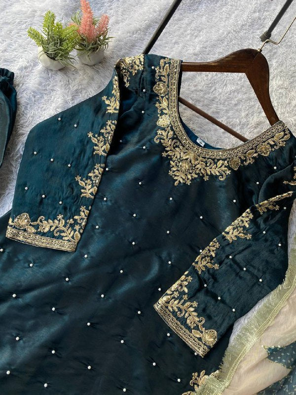 Teal Cording with Sequence Embroidery and Beads Worked Top, Plazzo and Dupatta