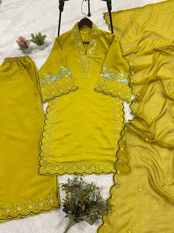 Mustard Yellow Sequence Embroidery Worked Top, Plazzo with Dupatta