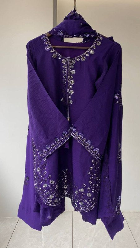 Purple Three Piece Outfit with Sequence Embroidered Top, Farsi Salwaar and Dupatta