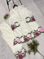 Ivory Trendy Co-ord Set with Floral Embroidery Work
