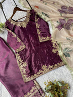 Wine Purple Cording with Sequence Embroidery and Beads Worked Top, Plazzo and Dupatta