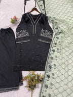 Black Sequence Embroidered Top, Plazzo with Dupatta