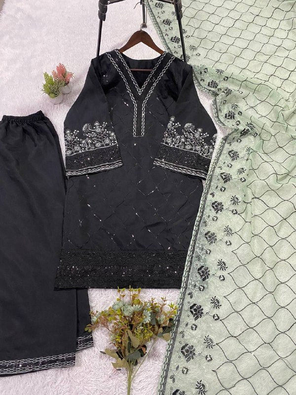 Black Sequence Embroidered Top, Plazzo with Dupatta