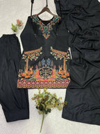 Black Printed Top, Salwaar with Dupatta in Roman Fabric