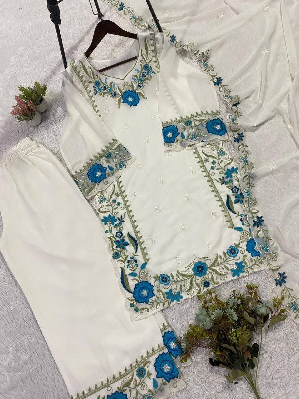 White Embroidered Top, Plazzo with Dupatta