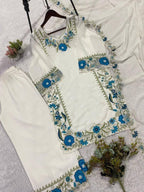 White Embroidered Top, Plazzo with Dupatta