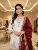 White Sequence Embroidered Top, Sarara with Maroon Dupatta