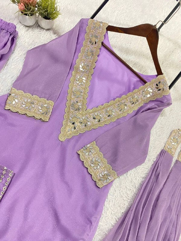 Lavender 4 Piece Cording with Real Mirror Embroidered Blouse-Top, Plazzo with Dupatta