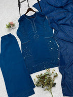 Peacock Blue Hand Mirror & Sequence Embroidered Top, Plazzo with Dupatta