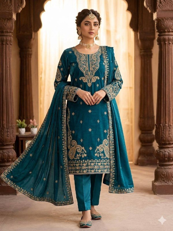 Teal Cording with Sequence Embroidery Worked Top, Plazzo with Dupatta