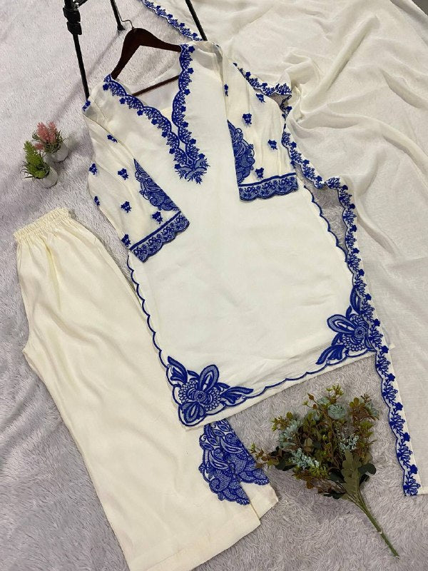 White Embroidered Top, Plazzo and Dupatta with Blue Embroidery — Hania Amir Inspired