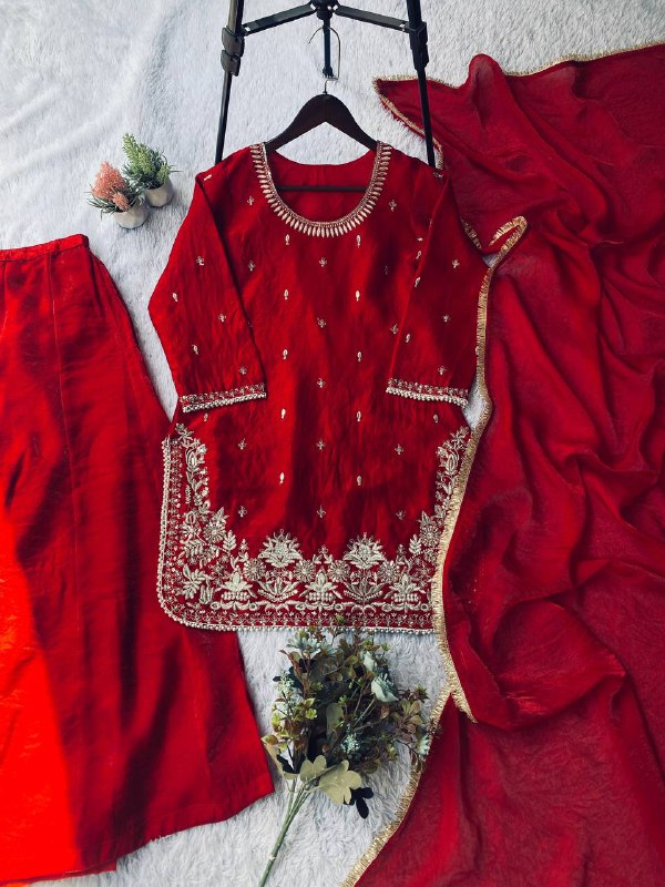 Red Sequence Embroidery Worked Top, Plazzo and Dupatta