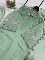 Sage Green Sequence Embroidery Worked Top, Plazzo with Dupatta