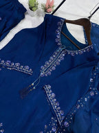 Royal Blue Three Piece Outfit with Sequence Embroidered Top, Farsi Salwaar and Dupatta