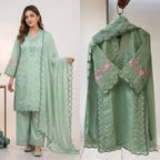 Sage Green Sequence Embroidery Worked Top, Plazzo with Dupatta
