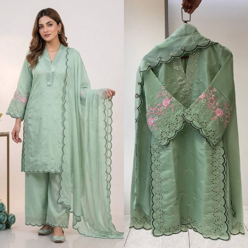 Sage Green Sequence Embroidery Worked Top, Plazzo with Dupatta