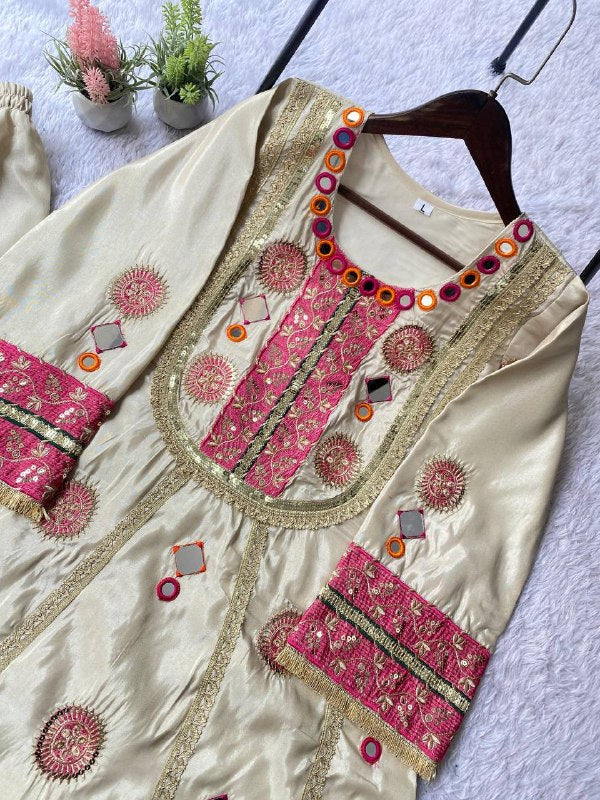Beige Co-ord Set with Real Mirror and Sequence Embroidered Top and Plazzo