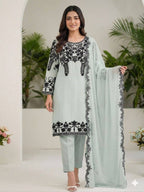 Sage Green Sequence Embroidery Worked Top, Pant with Dupatta