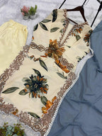 Cream Floral Printed Embroidered Lace Top, Plazzo with Dupatta — Hania Amir Inspired