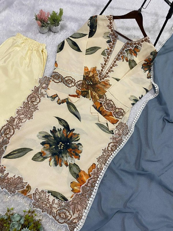 Cream Floral Printed Embroidered Lace Top, Plazzo with Dupatta — Hania Amir Inspired
