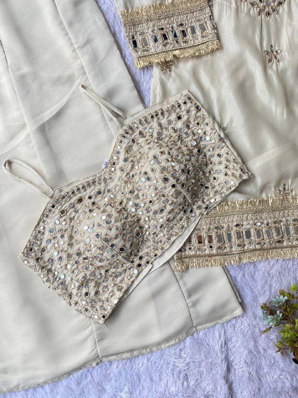 Ivory 4 Piece Plazzo Pair with Real Mirror and Embroidery Work