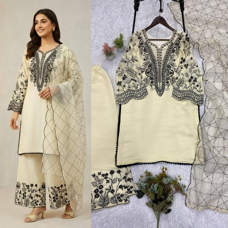 Off-White Sequence Embroidered Top, Plazzo with Dupatta
