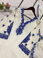 White Embroidered Top, Plazzo and Dupatta with Blue Embroidery — Hania Amir Inspired