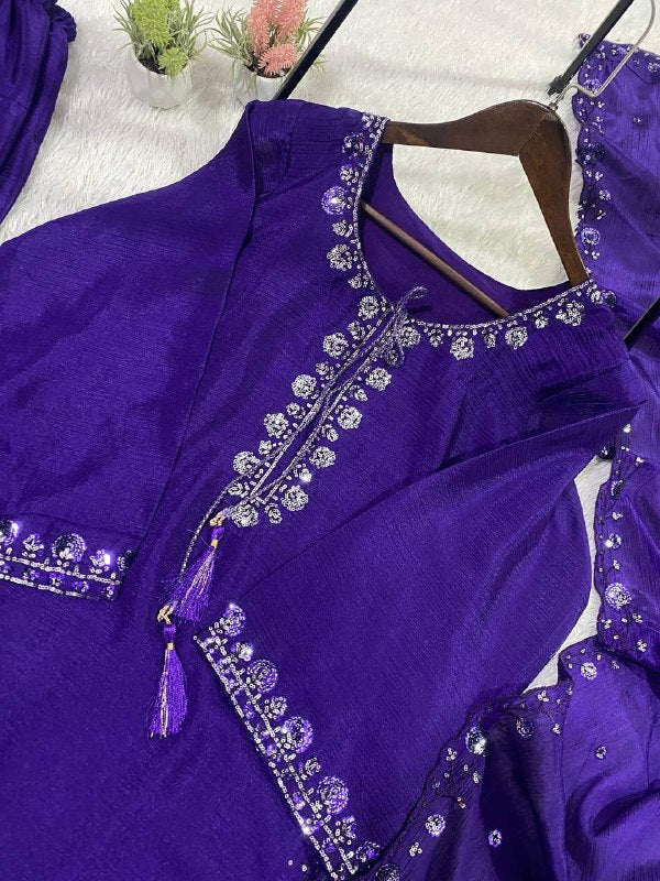 Purple Three Piece Outfit with Sequence Embroidered Top, Farsi Salwaar and Dupatta
