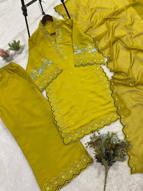 Mustard Yellow Sequence Embroidery Worked Top, Plazzo with Dupatta