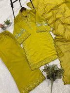 Mustard Yellow Sequence Embroidery Worked Top, Plazzo with Dupatta