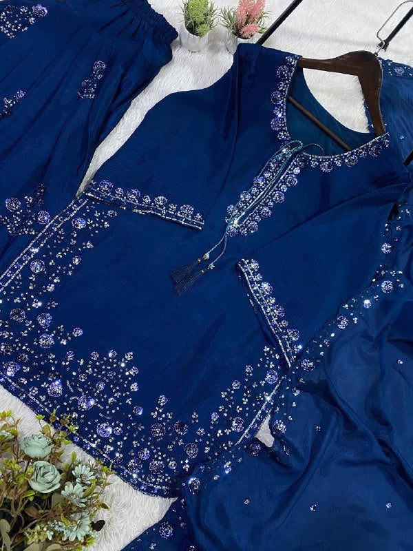 Royal Blue Three Piece Outfit with Sequence Embroidered Top, Farsi Salwaar and Dupatta