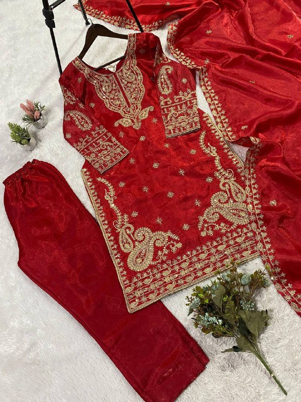 Red Cording with Sequence Embroidery Worked Top, Plazzo with Dupatta