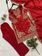 Red Cording with Sequence Embroidery Worked Top, Plazzo with Dupatta