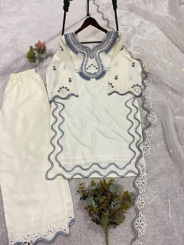 Ivory Sequence Embroidered Cutwork Top, Plazzo and Dupatta — Hania Amir Inspired