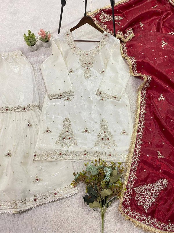 White Sequence Embroidered Top, Sarara with Maroon Dupatta