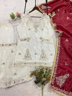 White Sequence Embroidered Top, Sarara with Maroon Dupatta