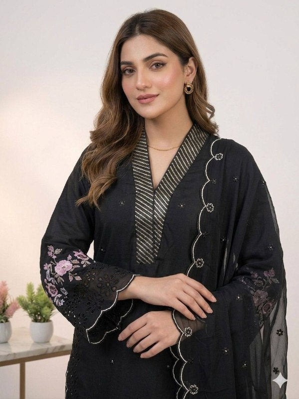 Black Sequence Embroidery Worked Top, Plazzo with Dupatta