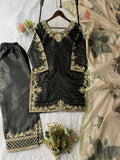 Black Cording with Sequence Embroidery and Beads Worked Top, Plazzo and Dupatta