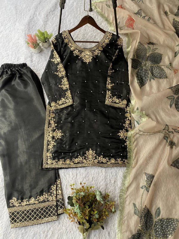 Black Cording with Sequence Embroidery and Beads Worked Top, Plazzo and Dupatta
