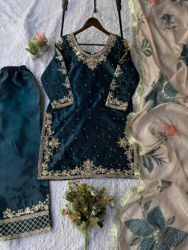 Teal Cording with Sequence Embroidery and Beads Worked Top, Plazzo and Dupatta
