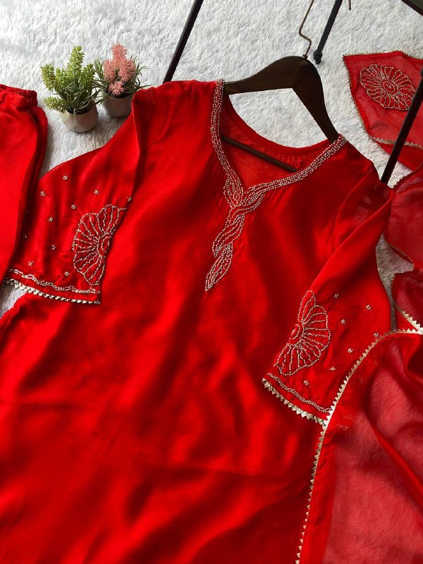 Red Exclusive and Trendy Beads Worked Top, Sarara and Dupatta
