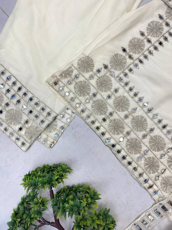 Ivory Exclusive 3 Piece Plazzo Pair with Dupatta in Embroidery and Real Mirror Work