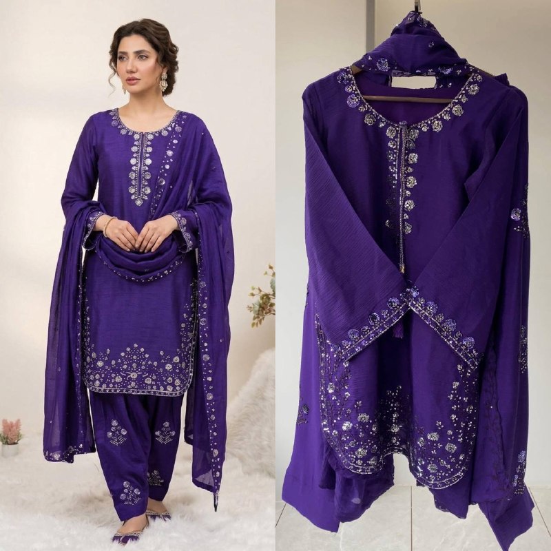 Purple Three Piece Outfit with Sequence Embroidered Top, Farsi Salwaar and Dupatta