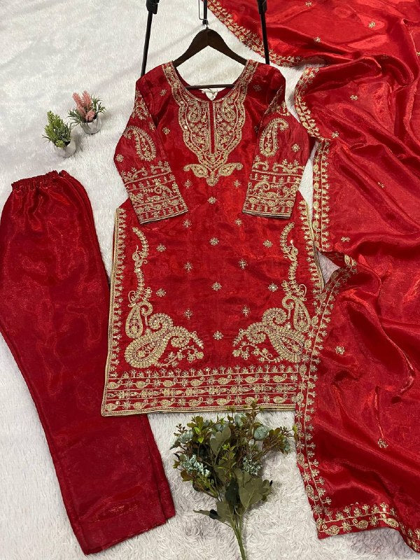 Red Cording with Sequence Embroidery Worked Top, Plazzo with Dupatta