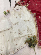 White Sequence Embroidered Top, Sarara with Maroon Dupatta