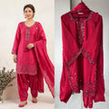 Pink Three Piece Outfit with Sequence Embroidered Top, Farsi Salwaar and Dupatta