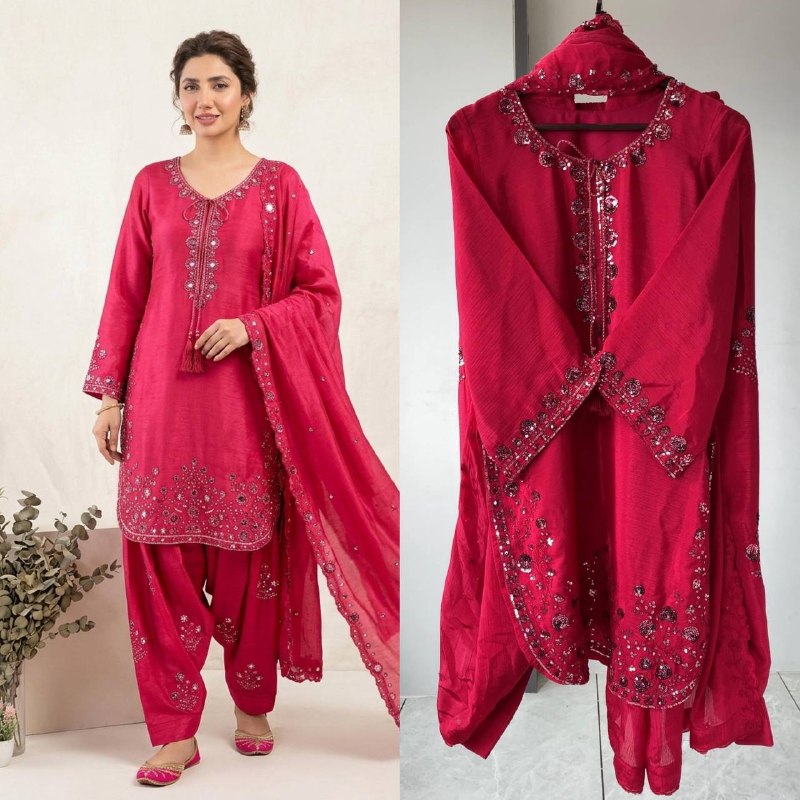 Pink Three Piece Outfit with Sequence Embroidered Top, Farsi Salwaar and Dupatta