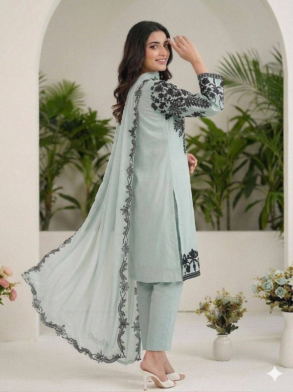 Sage Green Sequence Embroidery Worked Top, Pant with Dupatta