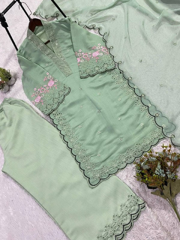 Sage Green Sequence Embroidery Worked Top, Plazzo with Dupatta