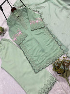 Sage Green Sequence Embroidery Worked Top, Plazzo with Dupatta